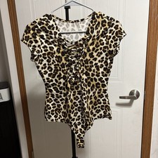 Women s Leopard Print Lace-Up Front One Piece Bodysuit Brown/Black/Beige S