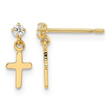 14k Yellow Gold CZ Cross Childrens Post Dangle Earrings