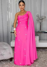 LATEST DESIGN Pink Rhinestone Slash Shoulder Maxi Evening Dress UK Size 10
