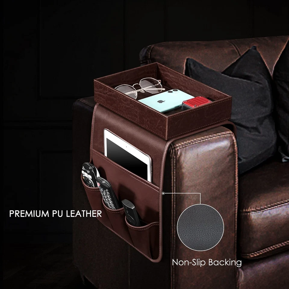 Soporte de control remoto para sofá con bandeja desmontable - [Antideslizante] Silla de cuero PU... Foto 3 de 4