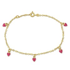 Amour Pink Enamel Heart Charm Link Chain Station Bracelet in 14k Yellow Gold -