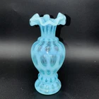 Fenton Coin Dot Opalescent Baby Blue Vase 6.5” High Ruffled Top Edge