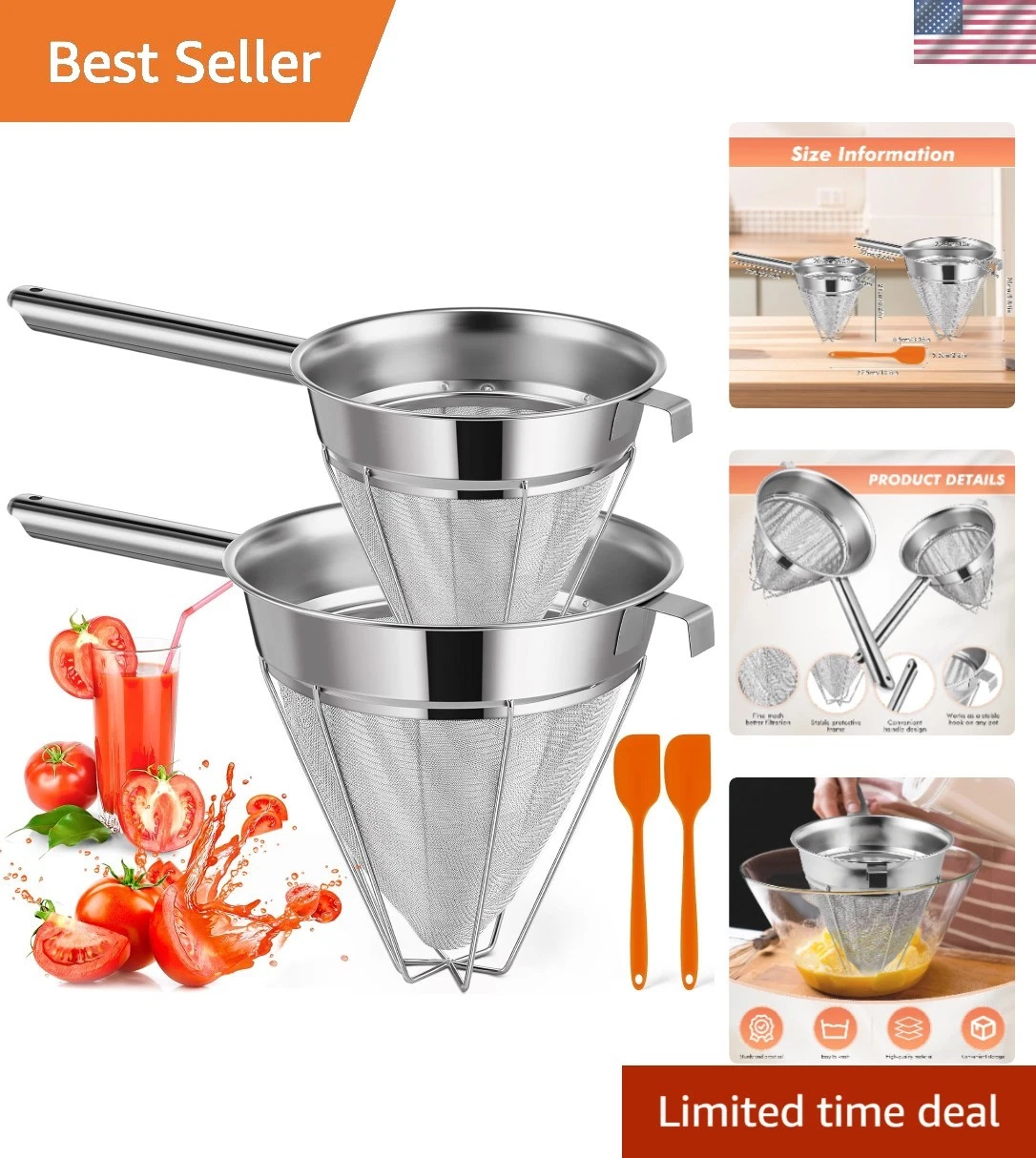 2 Set Stainless Steel Chinois Strainer Fine Mesh Metal Food Bouillon Sieve St...