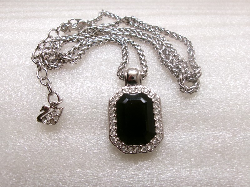 Swarovski Pendant Black Rectangle Crystal Clear Pave Crystals Edge Chain Swan