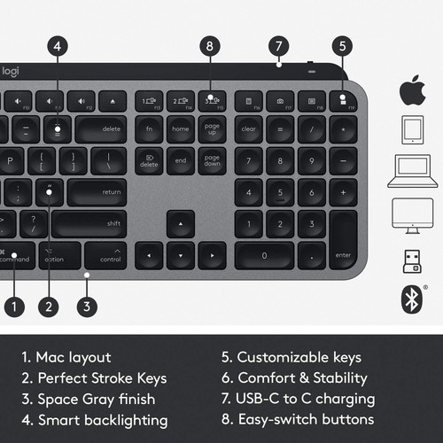 Logitech MX Keys Advanced Wireless Illuminated Keyboard for Mac and iPad - Picture 8 of 13