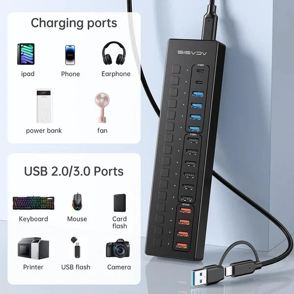 ACASIS Powered USB Hub 16 Ports Hub USB 3.0/2.0 Single Switch 60W Power Adapter