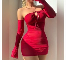 4pcs Set Sexy Mesh Cup Drawstring Ruched Bodycon Bell Sleeve