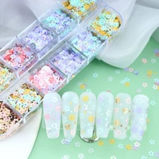 12 Grids Plum Flower Shape Nail Art Glitter Sequins Colorful Flakes Decoration