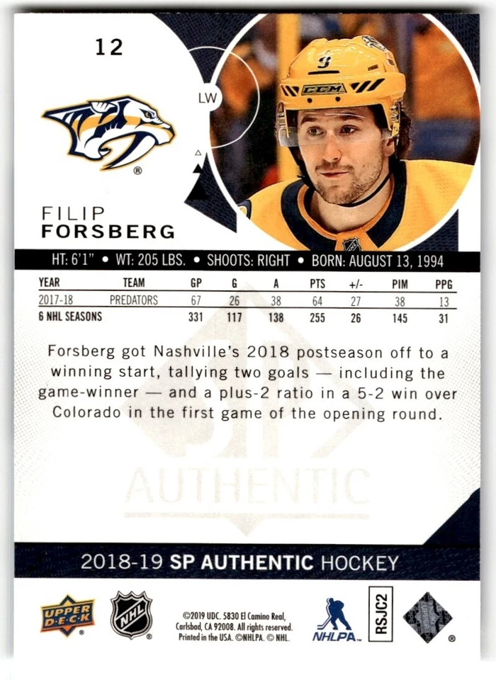 2018-19 SP Authentic Limited Red Filip Forsberg #12 Nashville Predators - Image 2 of 2