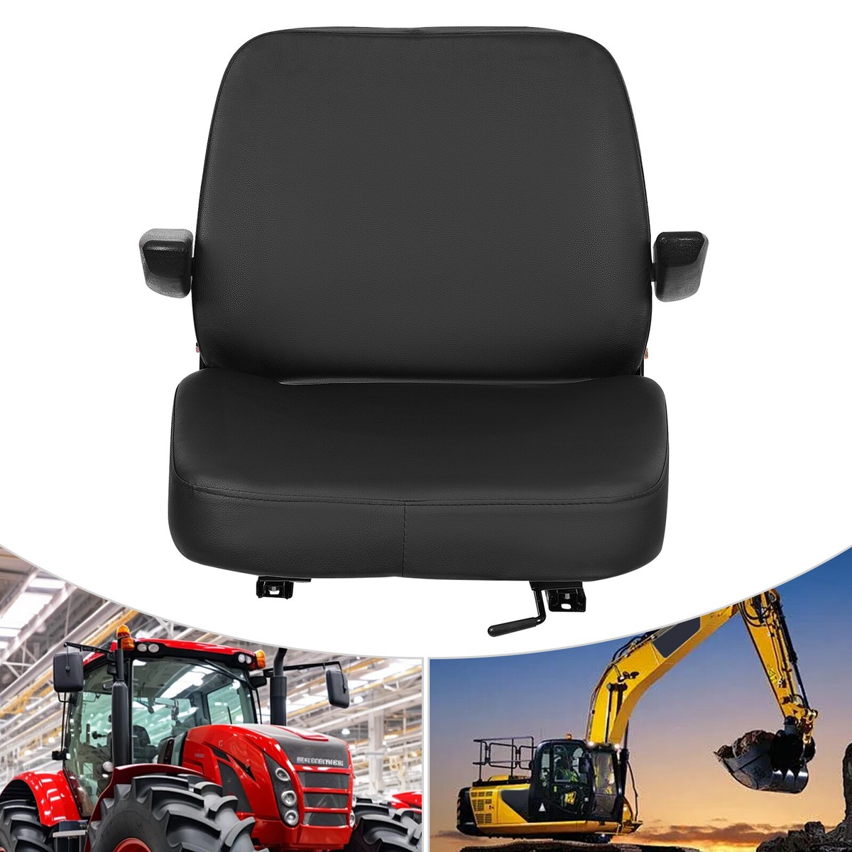 Universal Forklift/Tractor Seat With Armrests - PVC, Steel, Adjustable, For Heavy Equipment (Black)