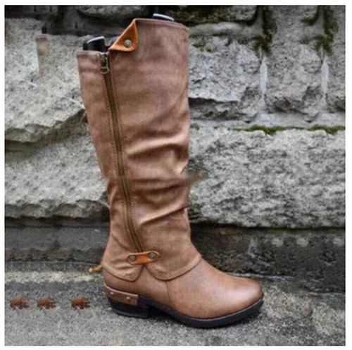 Womens Western Cowboy Knee Boots Punk Boots Low Thick Heel Side Zippper Booties - Picture 11 of 16