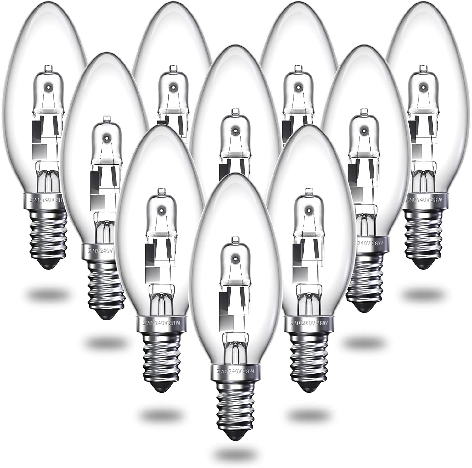 Bonlux 10-Pack SES E14 Halogen Candle Bulbs 28W Dimmable, C35 Clear Glass Small