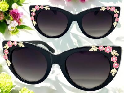 OVERSIZED Vintage Retro Cat Eye Style SUNGLASSES Large Black Frame Floral Design