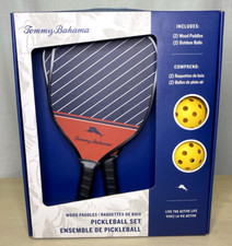 Tommy Bahama Pickleball Set 2 Red Wood Paddle Handles 2 Yellow Game Balls