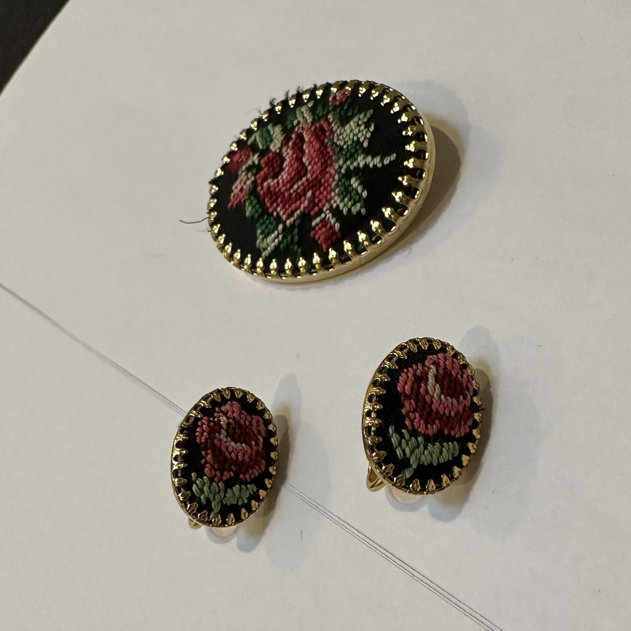 Set - Black Gold Tone Pink Flowers Clip Earrings / Brooch