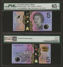 AUSTRALIA 5 Dollars 2016, P-62a, QEII Note, PMG 65 EPQ GEM UNC, Uncirculated. WS