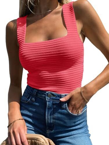 Womens Ribbed Tank Tops 2024 Summer Sleeveless Square Neck Small 02 Pink