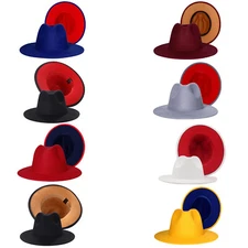 Men Women Two Tone Felt Fedora Hat Trilby Panama Jazz Cap Wide Brim Leather Band