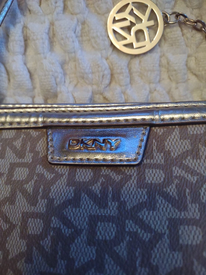 DKNY Purse Tote Beige Bag Charm Shoulder Textured Logo Gold Hardware - Image 2 of 4