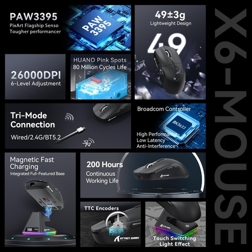 ATTACK SHARK X6 49g SUPERLIGHT BT/2.4G Wireless/Wired Mouse PixArt PAW3395Sensor - Picture 12 of 37