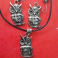 Cute Baby Owls Earrings Necklace Set, Leather Cord w/ Pendant Hook Earrings