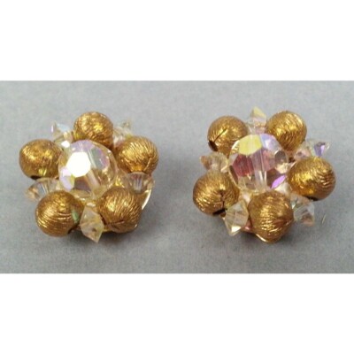 2 Vintage Clip Crystal glass And Goldtone bead Earrings