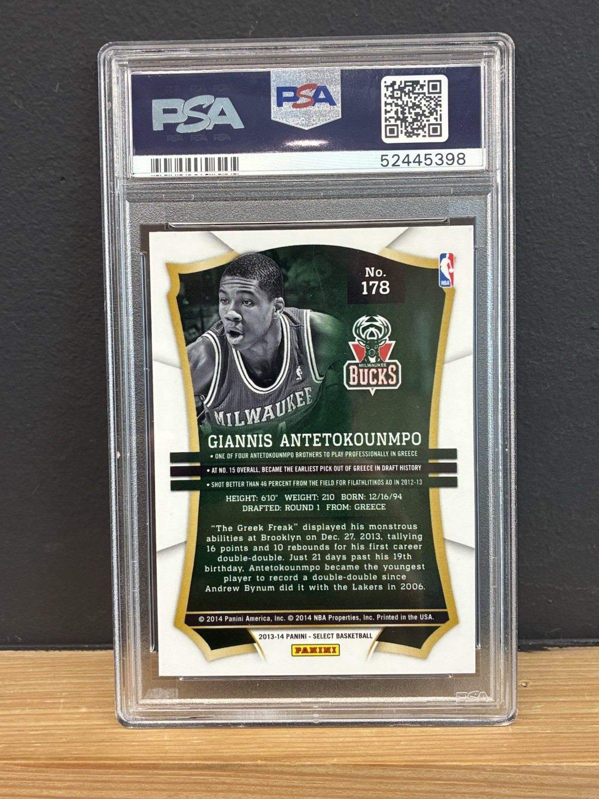 2013-14 Select Giannis Antetokounmpo Rookie RC PSA 10 Bucks view 2