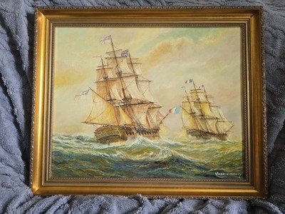 Vintage Gemälde Öl auf Leinwand, Stern Chase Action, H.M.S. Artemis von A. Kennedy