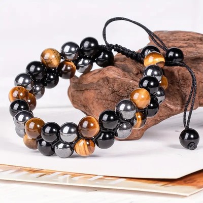 Tiger Eye Stone Black Obsidian Double Layer Bracelet Men Women Beaded Jewelry