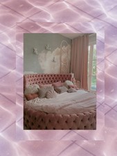 Round Dusty Pink Tufted Bed With Round Matching Ottoman And Matching Shell Sofa