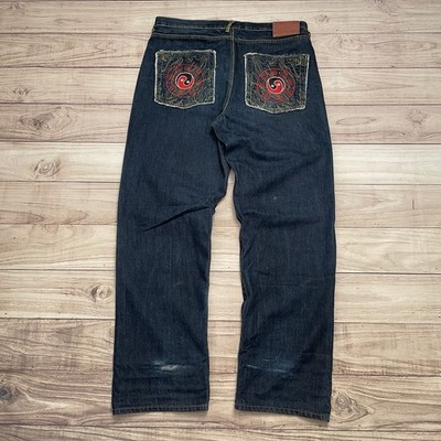 Vintage Y2K RMC Red Monkey Company Dark Denim Embroidered Ying Yang Jeans Sz 40