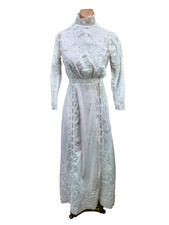 Antique Victorian White Cotton Tea Dress Floral Embroidery long sleeve flowers