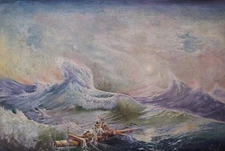 Original Antique Large Oil Painting Seascape Storm Signed canvas art 1959