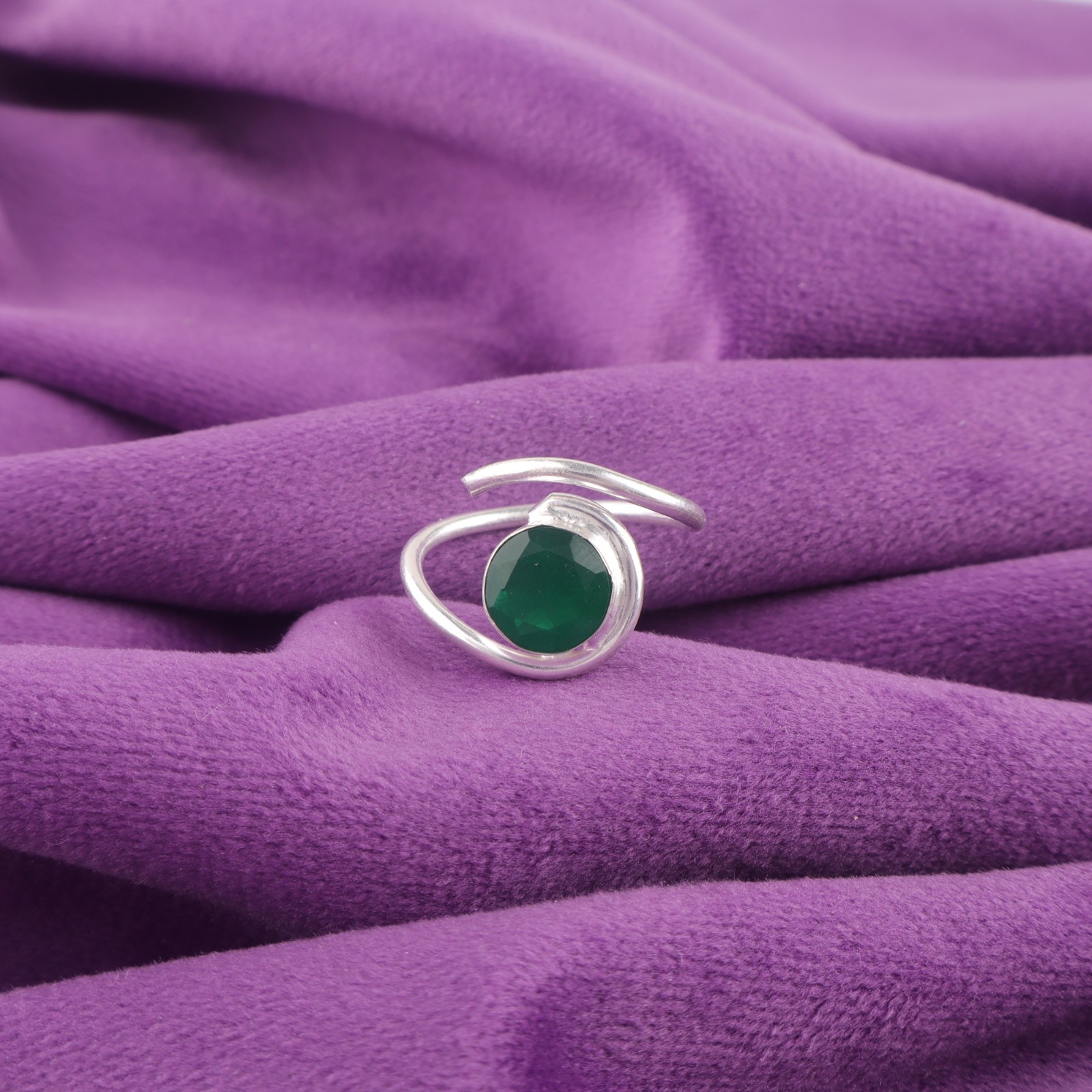 Sterling Silver Green Onyx Gemstone Bezel Sister Band Promise Ring US All Size