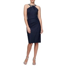 Alex Evenings Women's 12 Blue Embellished Halter Neck Ruched Sheath Dress OS16-7