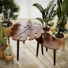 Monstera Leaf Nesting Tables Set of 2 Modern Wooden Coffee Side Tables for Home