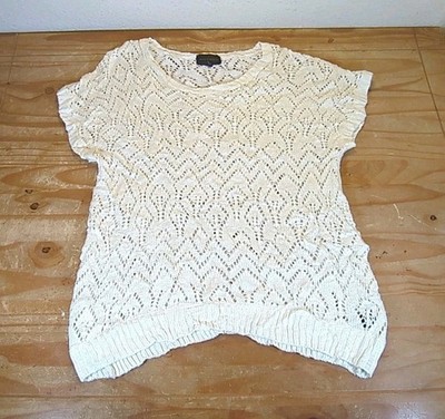 Investments Damen XL Creme Häkel Strick Oberteil Kurzarm Ösen Spitze Pullover