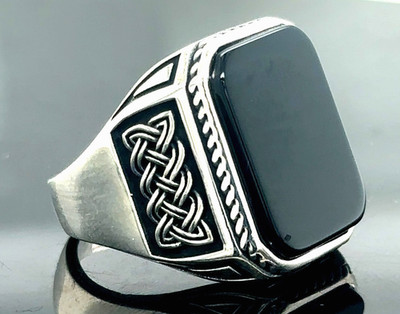 Men's 925 Sterling Silver Black Onyx Ring Celtic Knot Motif Statement Band Handm