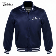 Navy Blue Satin Varsity Letterman Bomber Baseball Jackets Rib Navy Blue & White