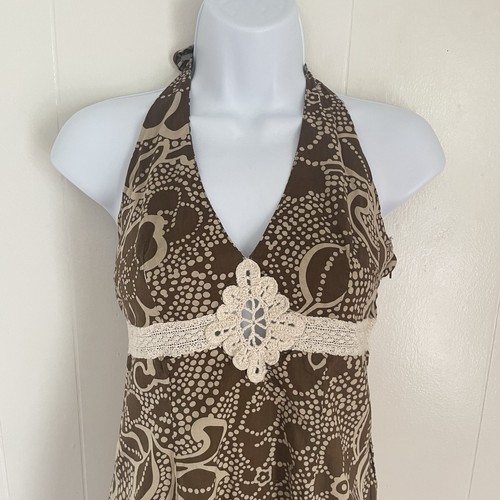 Y2K Roxy Brown Halter Dress Sz 3 Crochet Empire Waist Floral Boho Beach Cotton - Picture 4 of 9