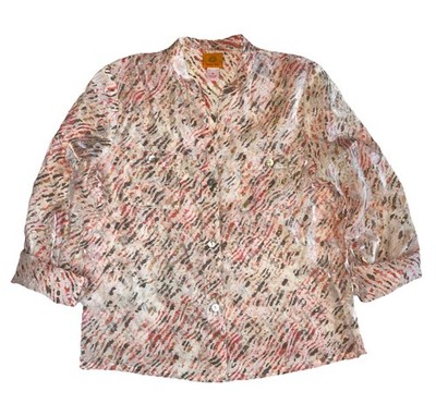 Ruby Rd. Blouse Top Size 12 Button Up Shiny Roll Tab Long Sleeve Pink Brown
