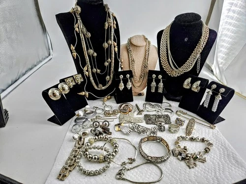 Vintage Estate Costume Jewelry Lot MCM Silver Tone Mixed Styles