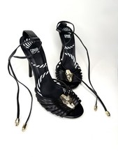 Cavalli Class EU 37 Black Gold Panther Lace-Up Strappy Open Toe Stiletto Heels
