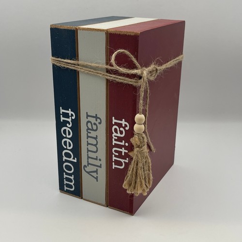 Faith Family Freedom Wooden Bookstack Americana Tiered Tray Decor Red White Blue