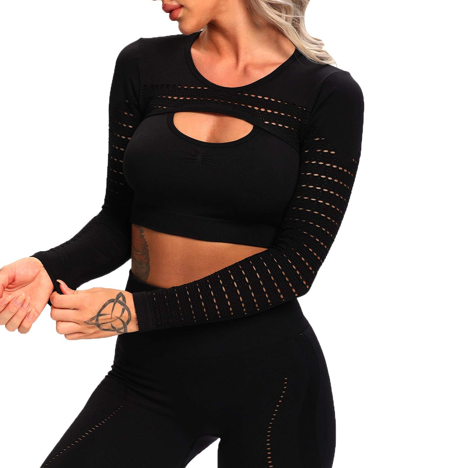 FITTOO Women's Long Sleeve Crop Top Sports Shirt Workout Athletic Eyelet Black M