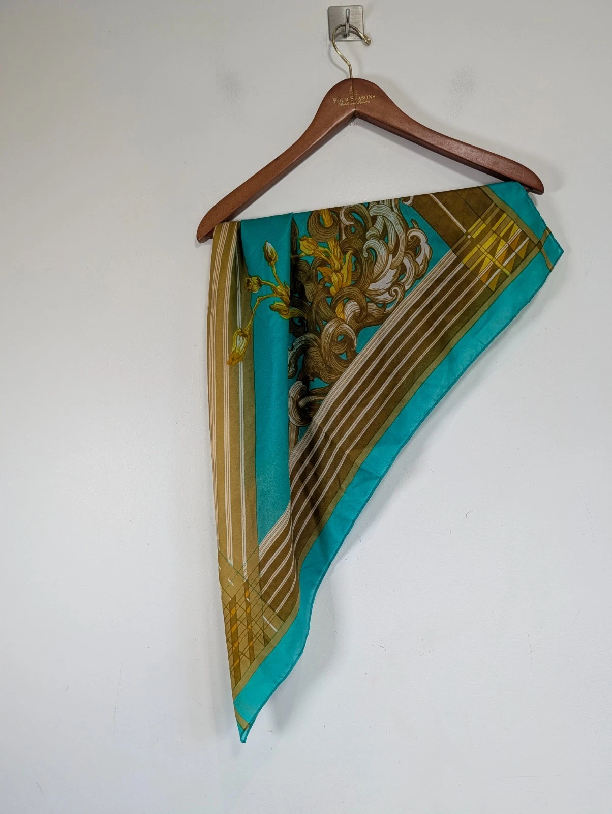 Vintage Large Square Scarf Teal Blue Gold Baroque Ornate Scroll Print Retro Soft