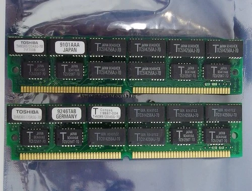 Set 2x Toshiba THM365120ASG-70 2MB 4MB kit 70ns 72-pin gold SIMM parity FPM RAM