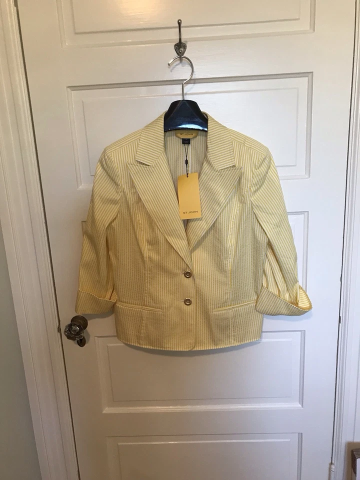Chaqueta St John Knits Cadmio/Blanco Rayas Imitación Bolsillos Talla 14 Nueva con Etiquetas Foto 2 de 4