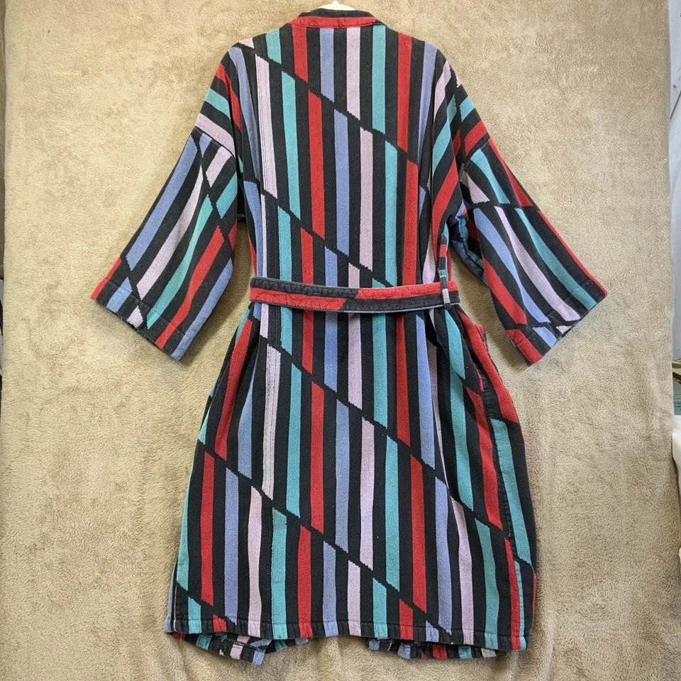 Bata de tela de rizo Bill Blass de colección adulto algodón pesado a rayas negro azul rojo azteca Foto 2 de 4