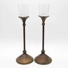 Vtg Tall Solid Brass Taper Candlestick Votive Candle Holders w/ Patina Art Deco